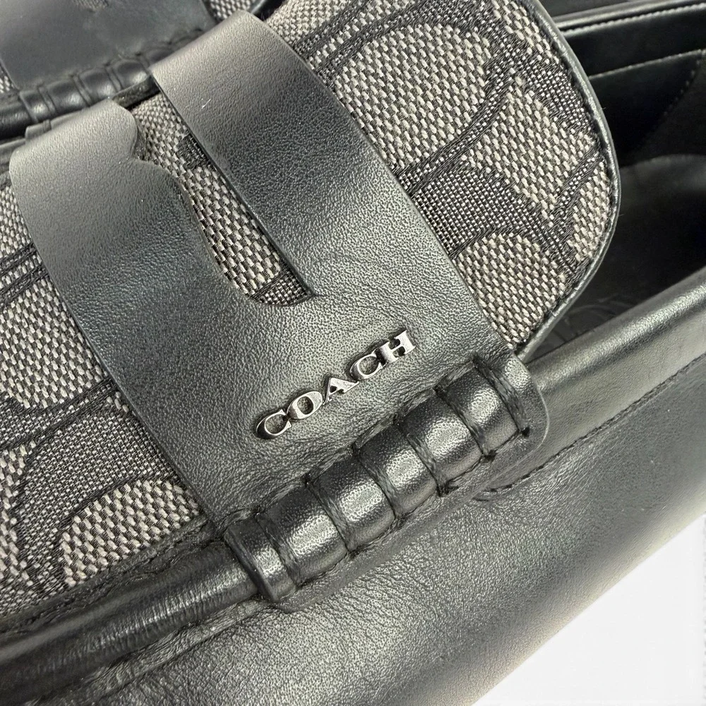 Coach Liam Driver Black Leather Loafers with Jacquard Logo Print Size 11.5 US